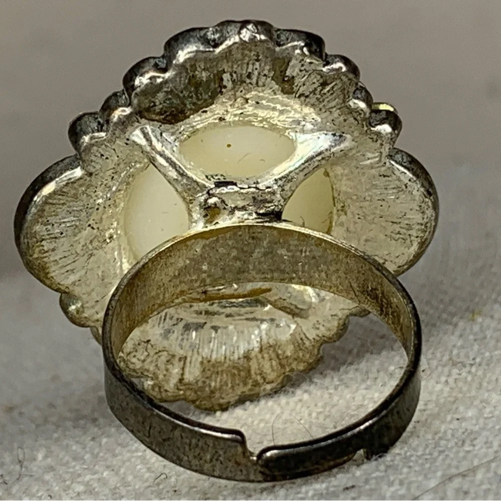 Vintage Adjustable Cocktail Ring Silver Faux Pearl Rhinestones
